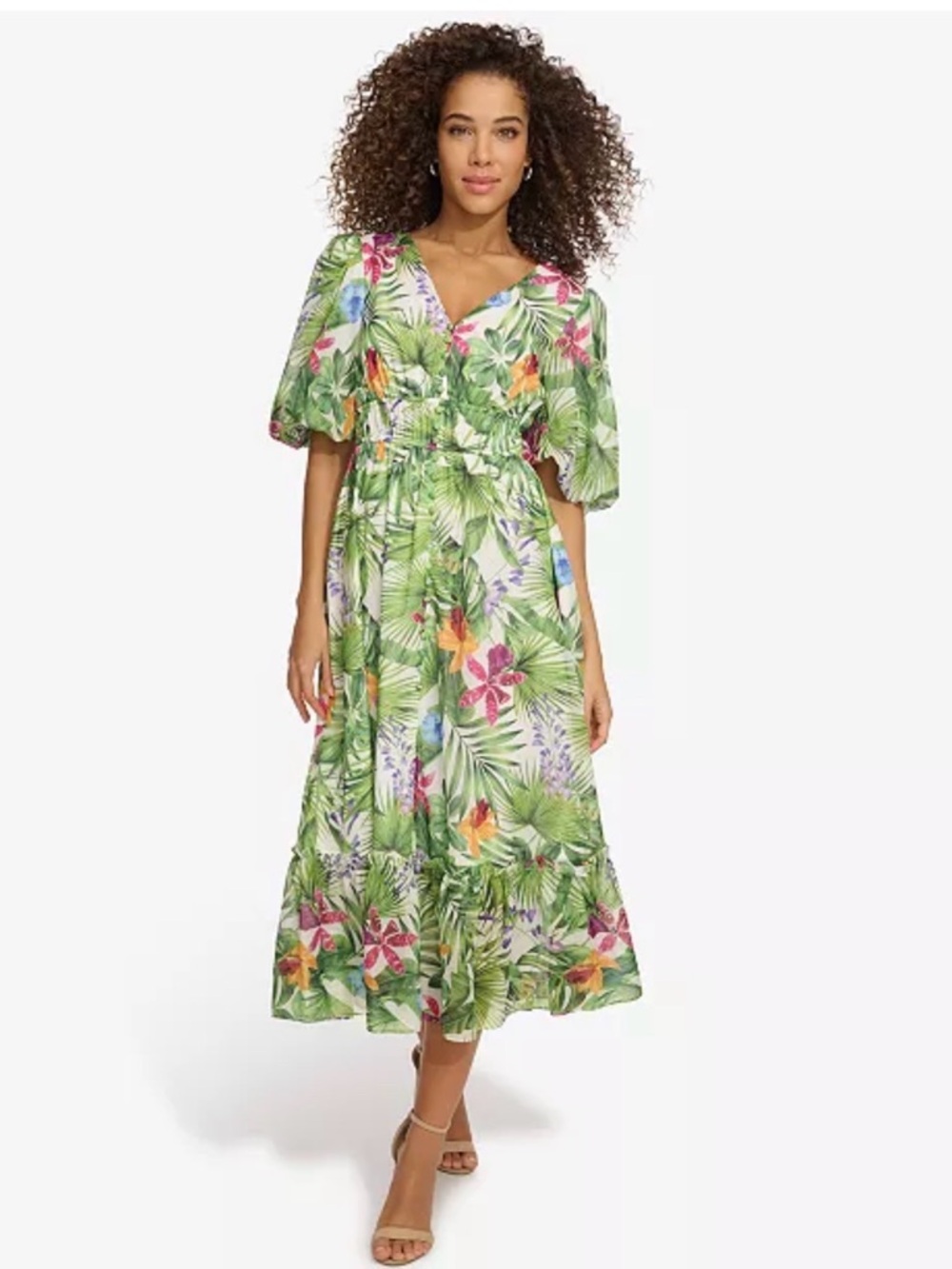 Kensie Green Tropical Floral Maxi Dress with Multicolor Blooms